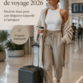 Femme dans un outfit chic et confortable à l'aéroport, mettant en avant des tons neutres.
