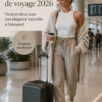Femme dans un outfit chic et confortable à l'aéroport, mettant en avant des tons neutres.