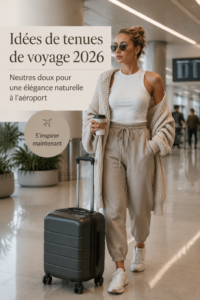 Femme dans un outfit chic et confortable à l'aéroport, mettant en avant des tons neutres.