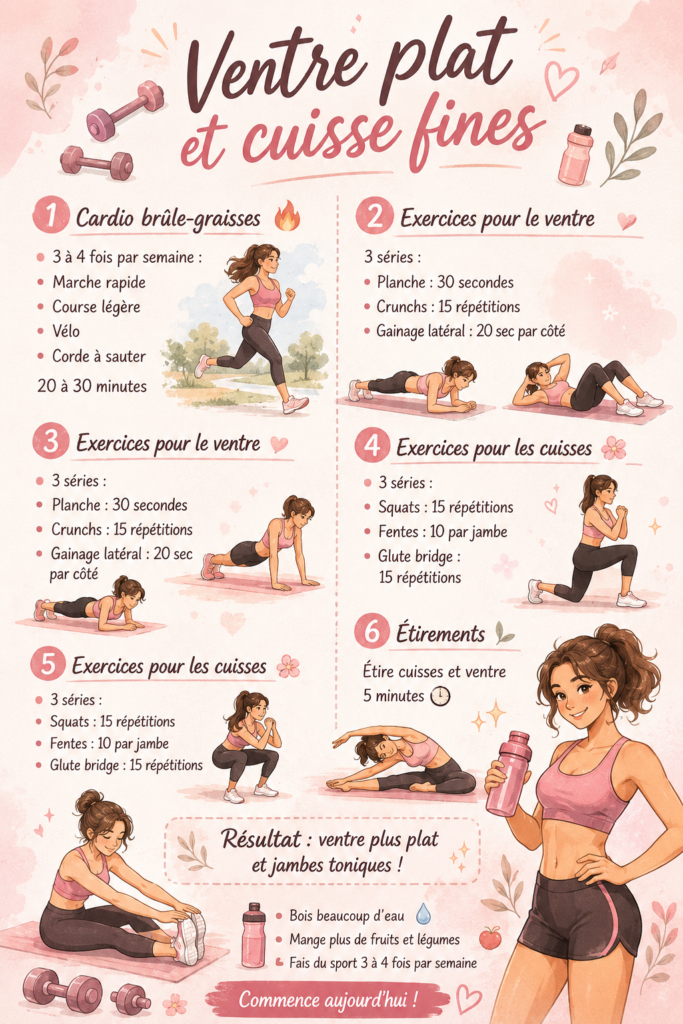 Femme souriante faisant du yoga pour un ventre plat et des cuisses fines.