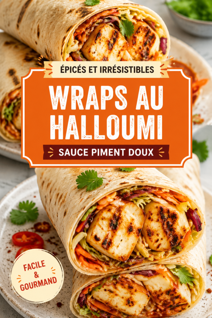 Wraps halloumi au piment doux garnis de légumes frais.