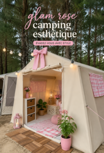 Un salon décoré avec des éléments glam pink, incluant des coussins et des rideaux colorés.