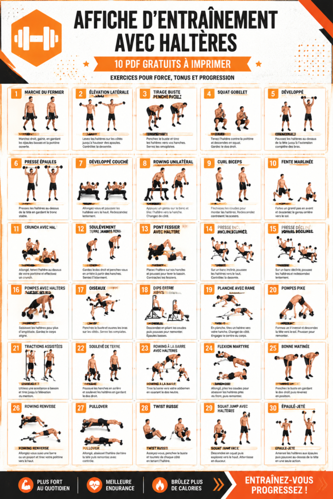 Affiche d'exercices avec haltères montrant plusieurs mouvements de musculation.