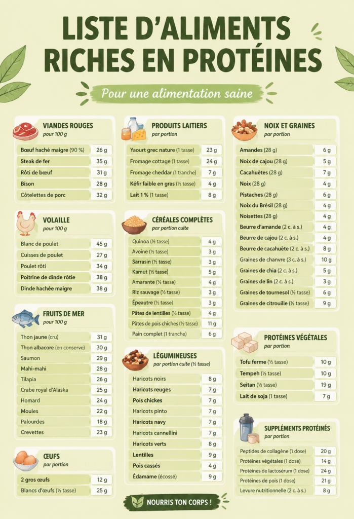 Assortiment d'aliments riches en protéines comme des œufs, des lentilles et du poulet.