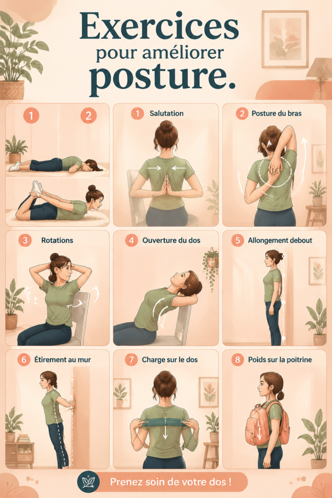Femme effectuant des exercices pour améliorer sa posture dans un salon lumineux