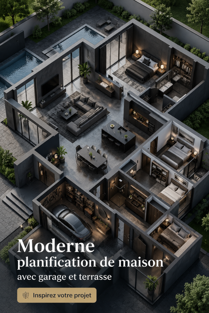 Un aménagement moderne d'une maison avec garage et terrasse en bois