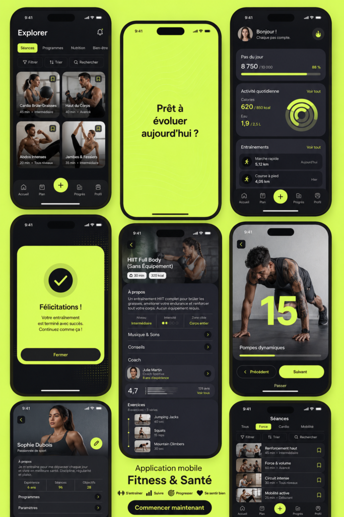 Femme utilisant une application de fitness sur son smartphone tout en faisant de l'exercice