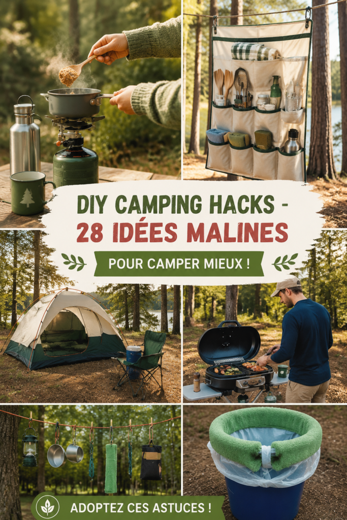 Une tente de camping installée dans une forêt avec des accessoires autour.