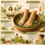 Bain de pieds relaxant au laurier avec des feuilles flottantes et de l'eau chaude.