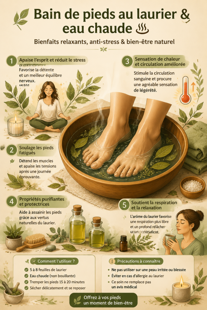 Bain de pieds relaxant au laurier avec des feuilles flottantes et de l'eau chaude.