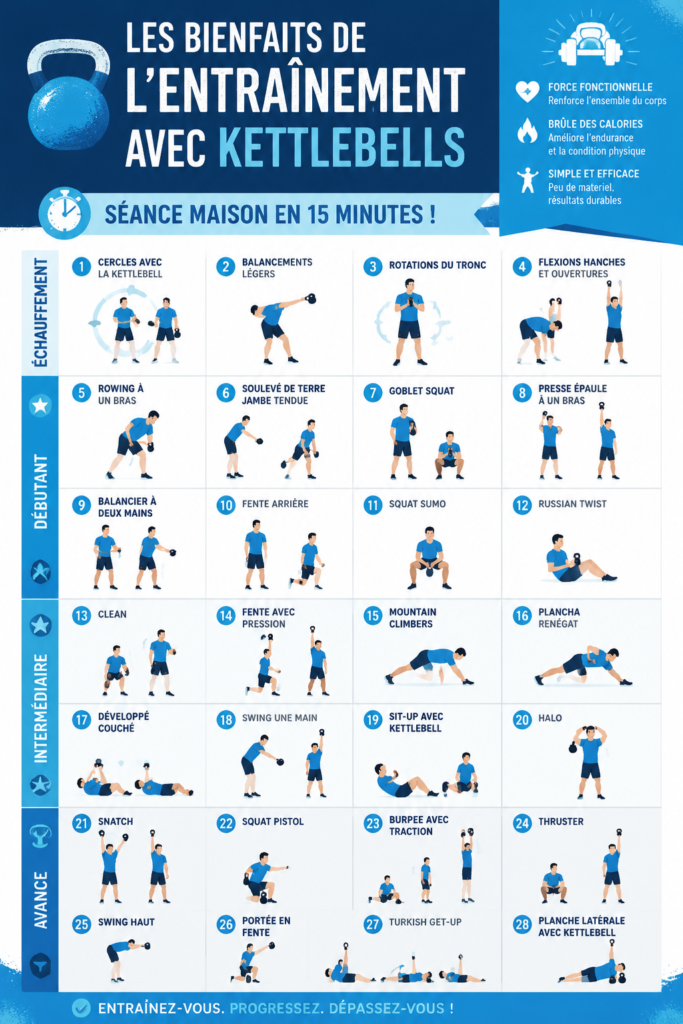 Femme pratiquant des exercices avec un kettlebell à la maison, démontrant l'entraînement musculaire et cardio.