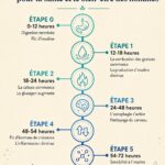 Femme pratiquant le jeûne hydrique, entourée de bouteilles d'eau et de fruits frais.