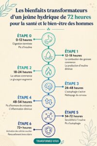 Femme pratiquant le jeûne hydrique, entourée de bouteilles d'eau et de fruits frais.