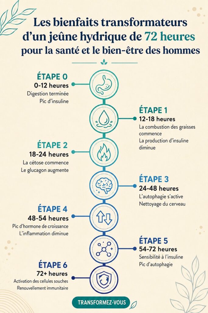 Femme pratiquant le jeûne hydrique, entourée de bouteilles d'eau et de fruits frais.