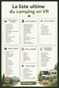 Checklist pour un camping réussi en VR avec équipements essentiels et conseils pratiques.