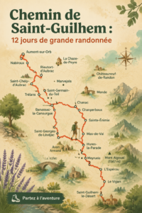 Randonnée sur le chemin de Saint-Guilhem avec vue sur les montagnes.