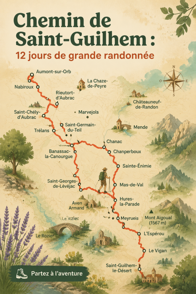 Randonnée sur le chemin de Saint-Guilhem avec vue sur les montagnes.