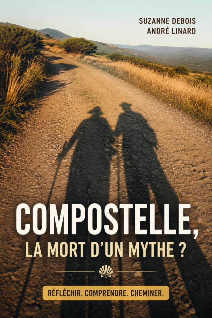 Pèlerins marchant sur le chemin de Compostelle, entourés de paysages verdoyants