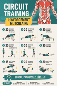 Femme pratiquant un circuit training de renforcement musculaire à domicile