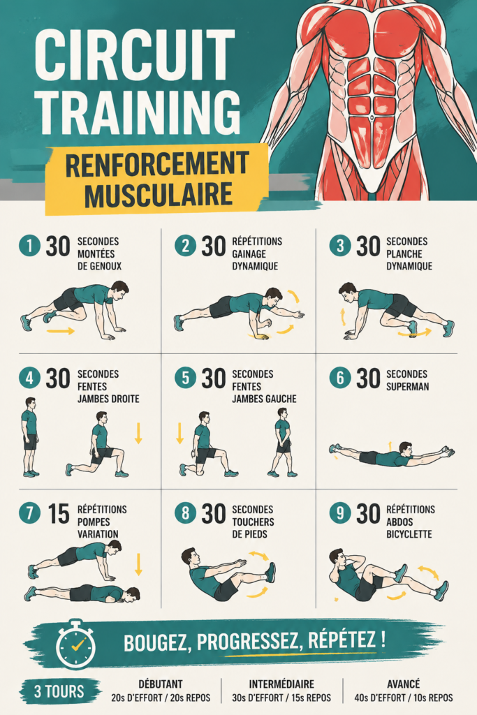Femme pratiquant un circuit training de renforcement musculaire à domicile