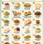 Assortiment de collations riches en protéines, comprenant des barres, fruits, et légumes