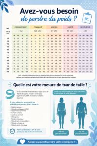 Affiche informative sur l'Indice de Masse Corporelle avec des illustrations claires et précises.