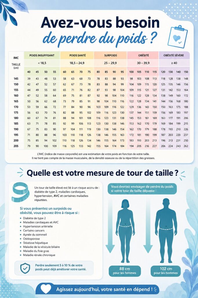 Affiche informative sur l'Indice de Masse Corporelle avec des illustrations claires et précises.