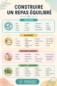 Un repas équilibré avec des légumes, des protéines et des féculents sur une table familiale.