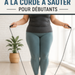 Femme sautant à la corde dans un cadre extérieur, souriante et dynamique.