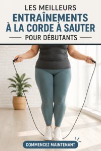 Femme sautant à la corde dans un cadre extérieur, souriante et dynamique.