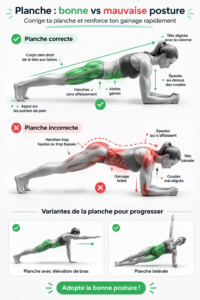 Femme exécutant un plank correct, mettant en avant une posture parfaite.