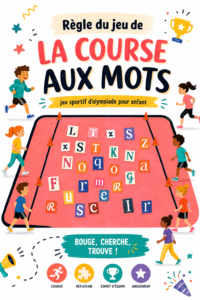 Enfants jouant à la course aux mots dans un parc, chacun courant avec des mots.