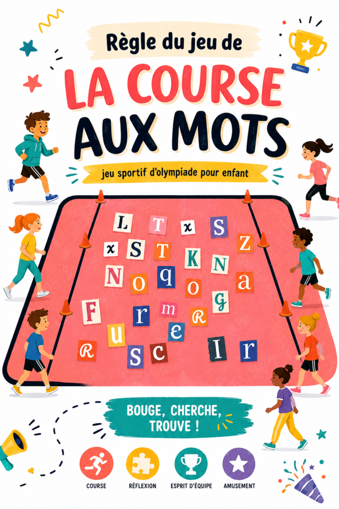 Enfants jouant à la course aux mots dans un parc, chacun courant avec des mots.
