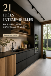 Cuisine moderne en chêne blanc et noir avec îlot central.