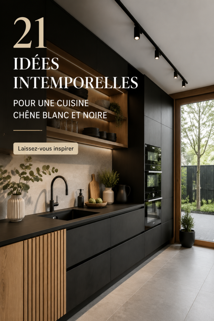 Cuisine moderne en chêne blanc et noir avec îlot central.