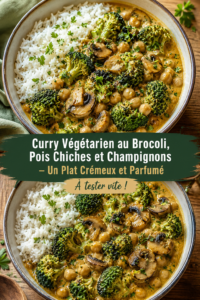 Curry végétarien crémeux au brocoli et pois chiches servi dans un bol coloré.
