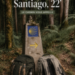 Une randonneuse sur le Camiño de Santiago, avec des paysages verdoyants en arrière-plan.