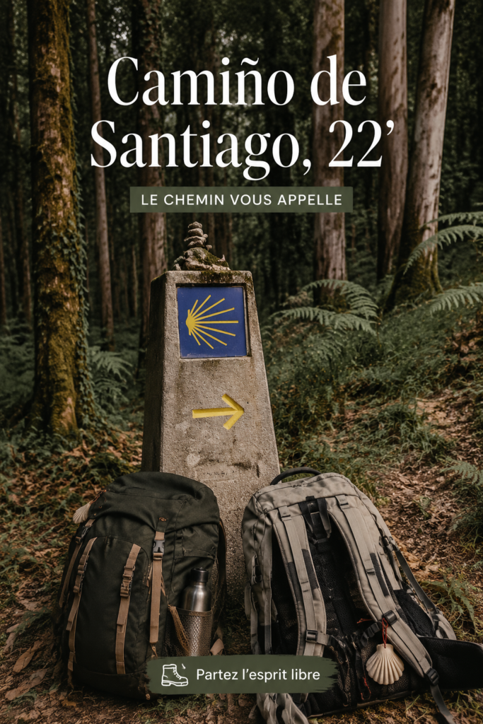 Une randonneuse sur le Camiño de Santiago, avec des paysages verdoyants en arrière-plan.
