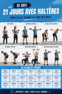 Femme faisant des exercices de bras avec des haltères dans un cadre sportif.