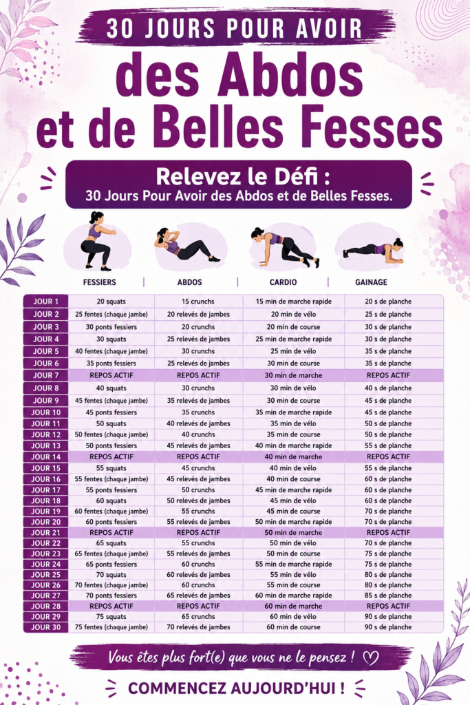 Femme en train de faire des exercices pour abdos et fesses à la maison.