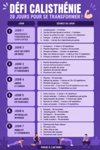 Femme effectuant des exercices de calisthénie à domicile pour un défi de 28 jours.