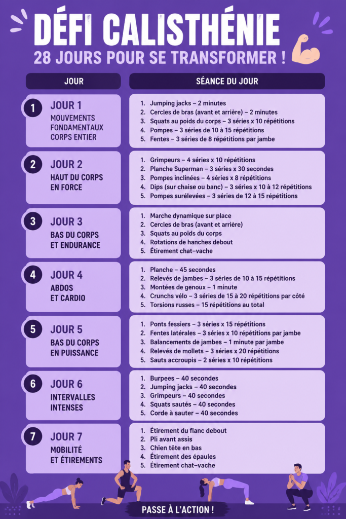 Femme effectuant des exercices de calisthénie à domicile pour un défi de 28 jours.