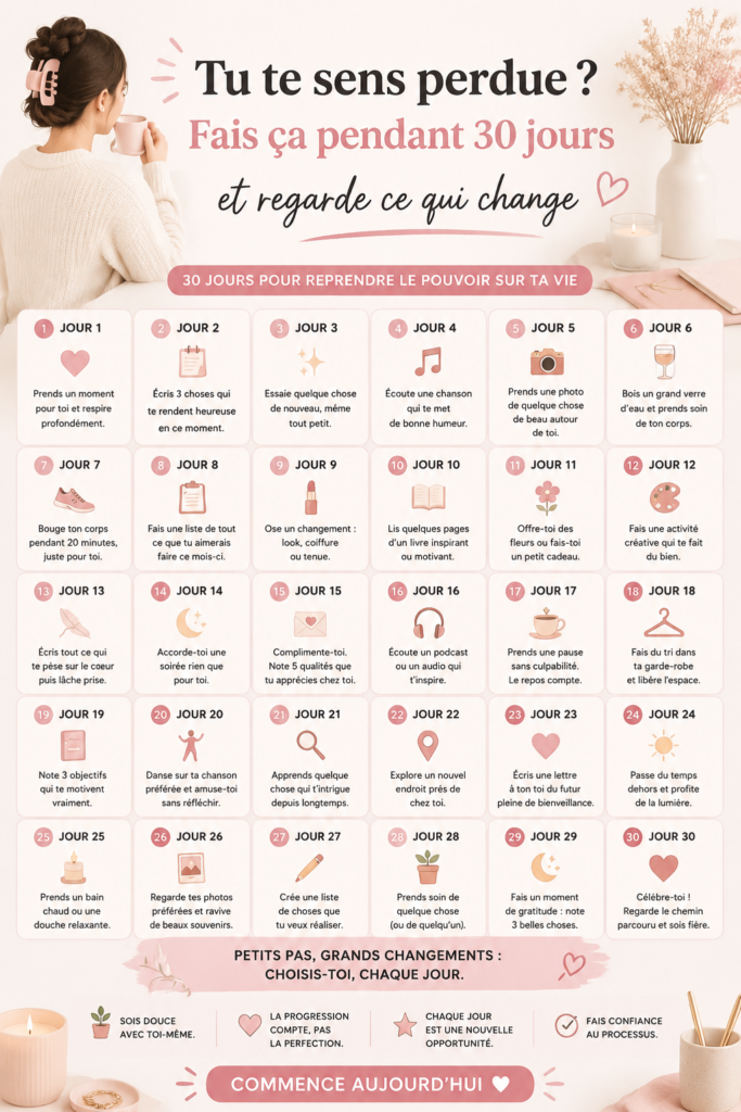Femme souriante prenant un moment pour elle, symbolisant un changement positif après 30 jours d'engagement.
