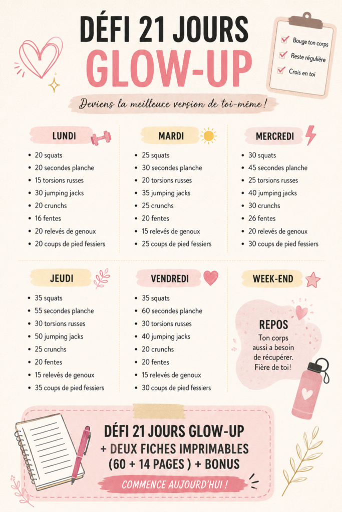Défi éclat de 21 jours avec des documents imprimables pour une routine beauté.