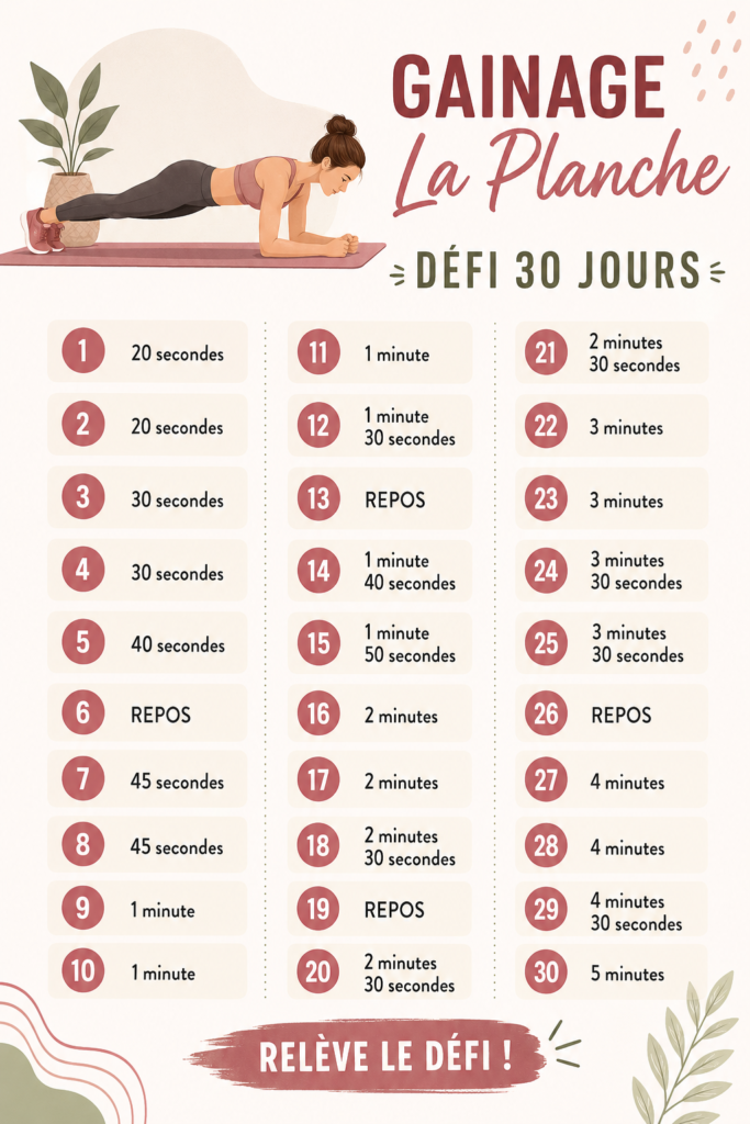 Femme réalisant un exercice de planche pour le défi de gainage de 30 jours.