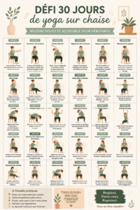 Femme pratiquant le yoga sur chaise, bien-être au quotidien.