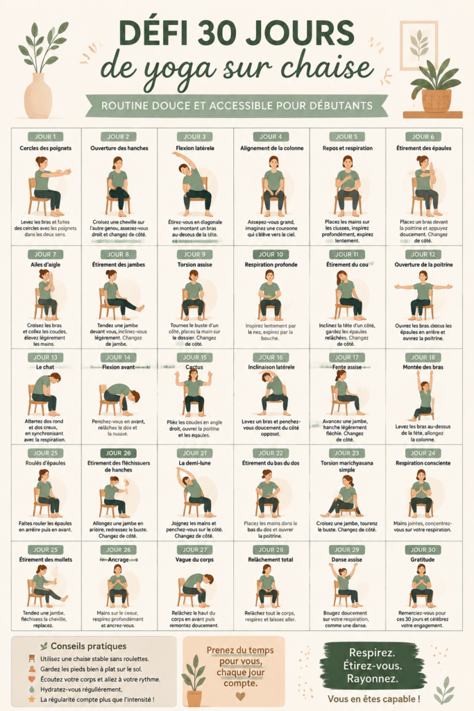 Femme pratiquant le yoga sur chaise, bien-être au quotidien.