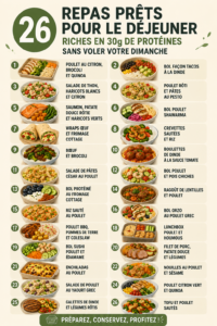 Plats colorés et équilibrés de déjeuners riche en protéines sur une table.