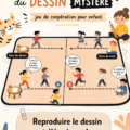Un groupe d'enfants s'amusant à jouer au dessin mystère autour d'une table.