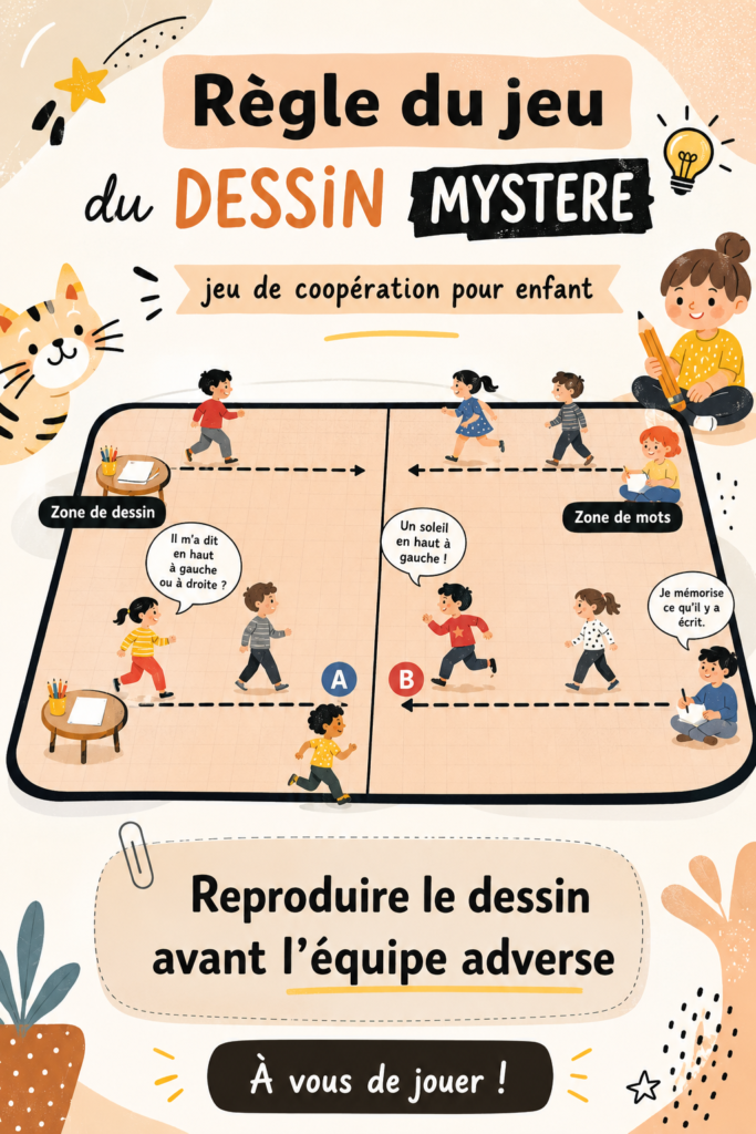 Un groupe d'enfants s'amusant à jouer au dessin mystère autour d'une table.